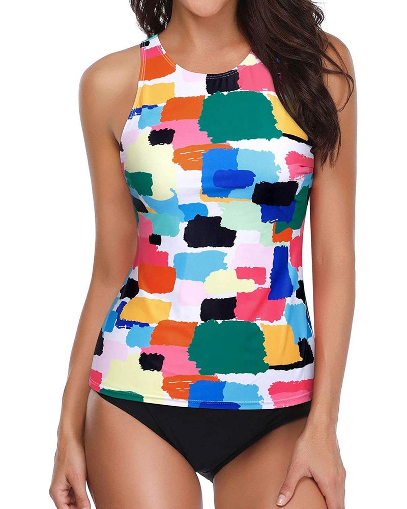 Holipick Women Color Block Tankini Swimsuits High Neck Swim Tank Tops Tummy Control Two Piece Bathing Suits Halter Swimwear XL - Image 1
